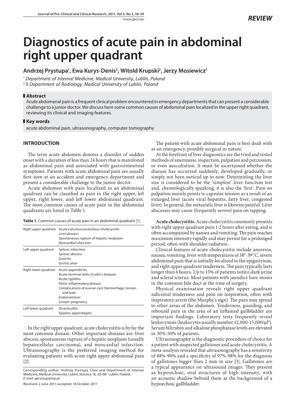 Diagnostics of Acute Pain in Abdominal Right Upper Quadrant