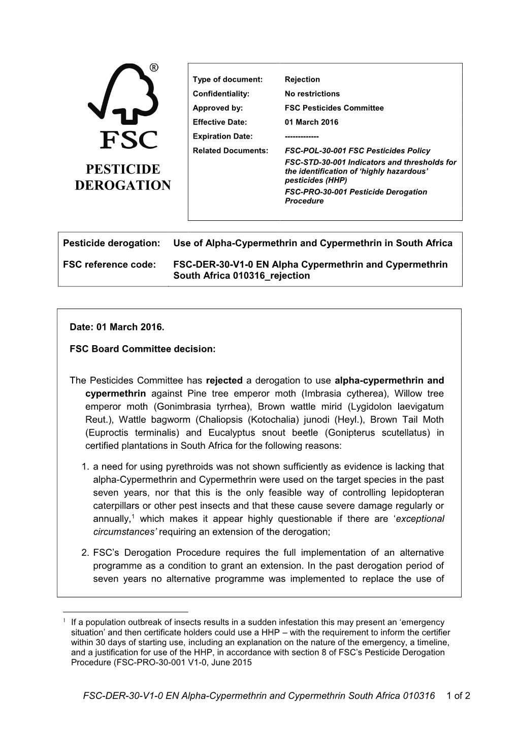 Alpha Cypermethrin and Cypermethrin South Africa 010316 Rejection