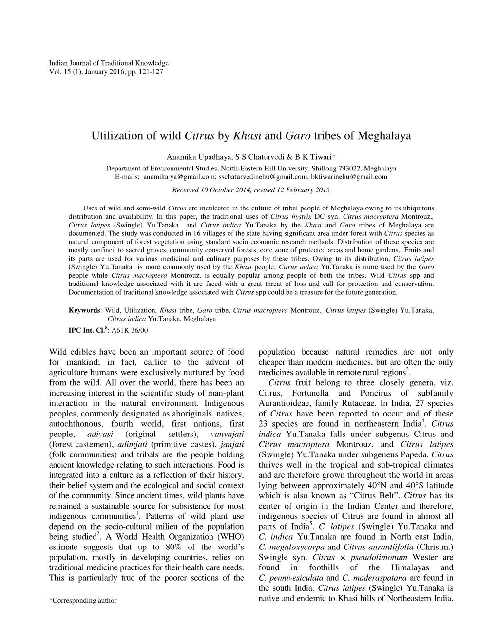 Utilization of Wild Citrus by Khasi and Garo Tribes of Meghalaya