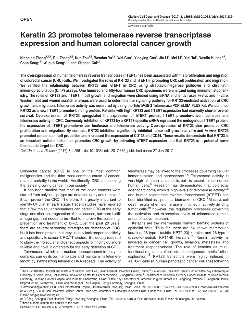 Keratin 23 Promotes Telomerase Reverse Transcriptase Expression and Human Colorectal Cancer Growth
