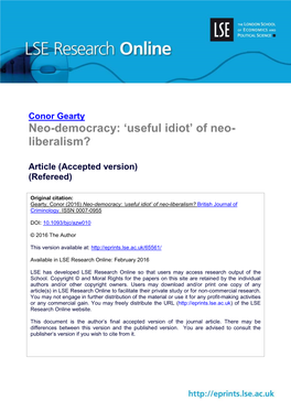 Neo-Democracy: ‘Useful Idiot’ of Neo- Liberalism?