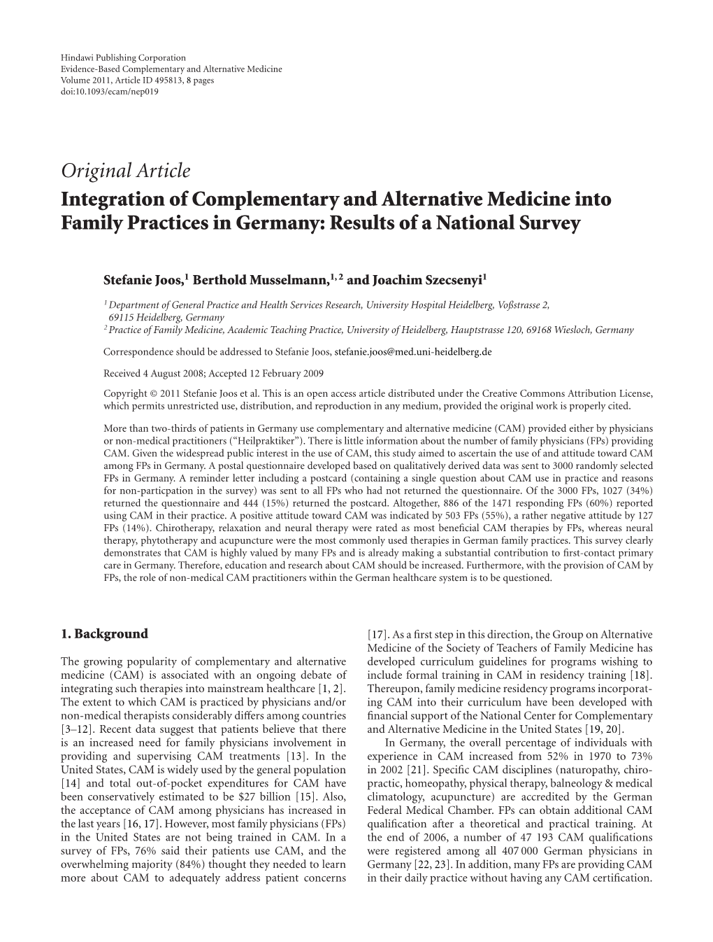 Integration of Complementary and Alternative Medicine Into Family Practices in Germany: Results of a National Survey