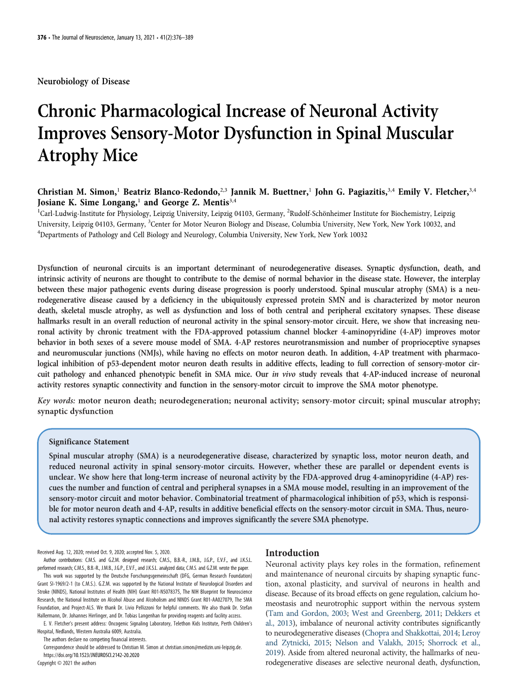 Chronic Pharmacological Increase of Neuronal Activity Improves Sensory-Motor Dysfunction in Spinal Muscular Atrophy Mice