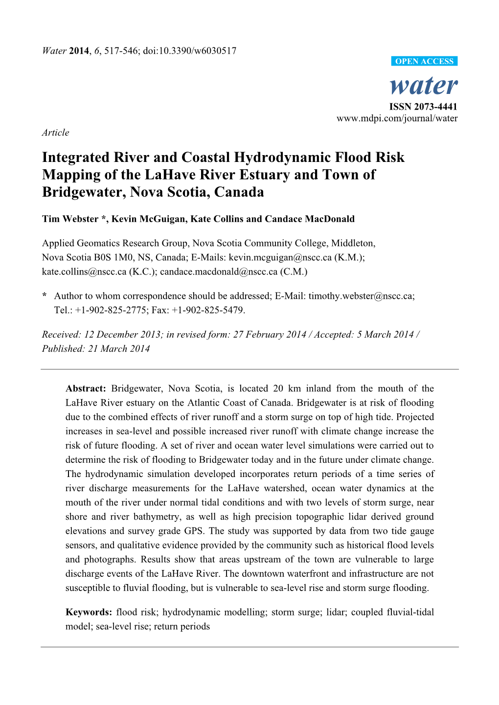 Integrated River and Coastal Hydrodynamic Flood Risk Mapping of the Lahave River Estuary and Town of Bridgewater, Nova Scotia, Canada