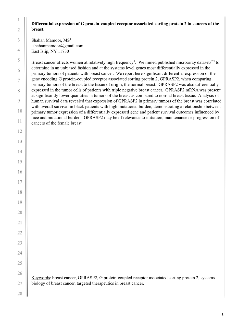 Differential Expression of GPRASP2 in Cancers of the Breast