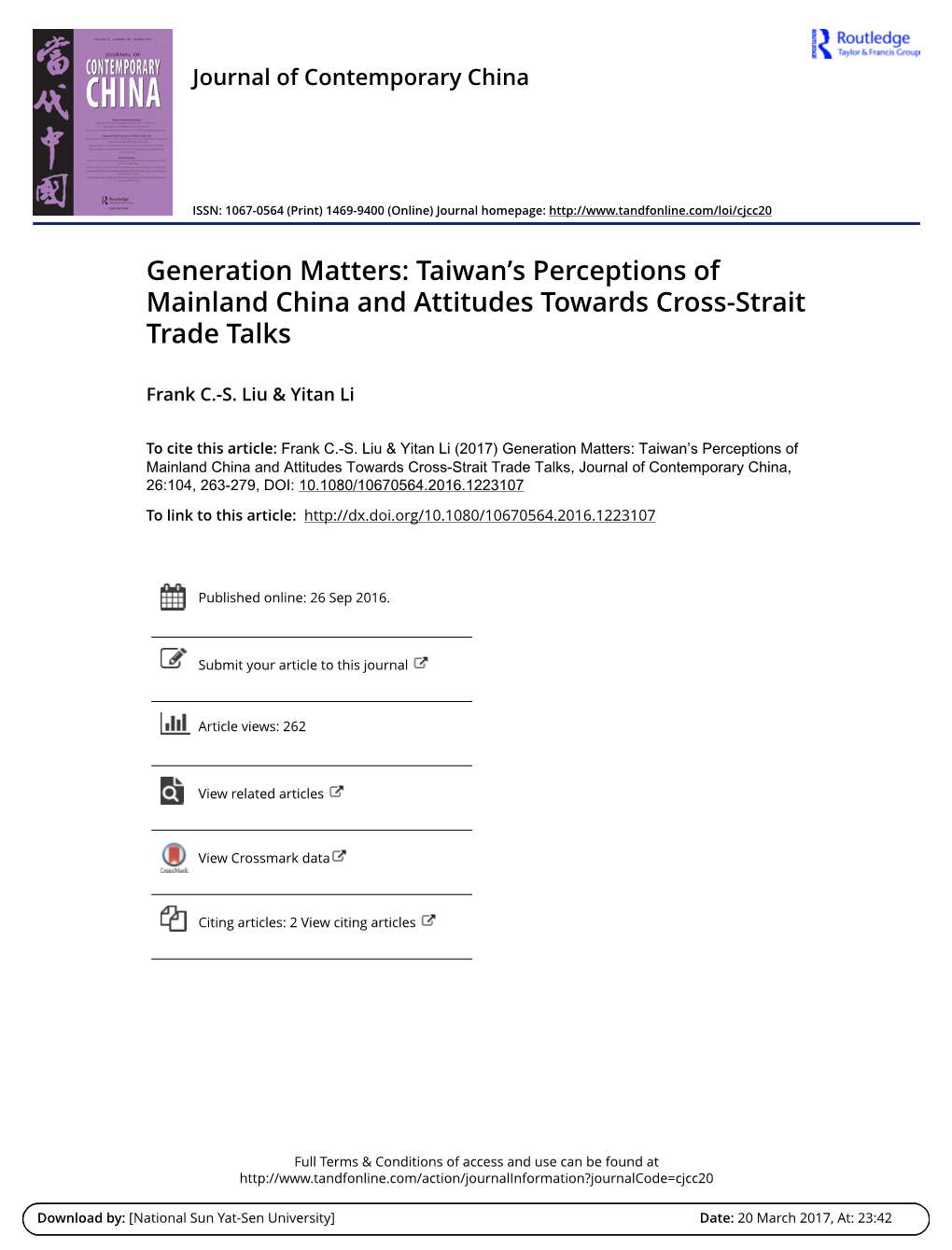 Taiwan's Perceptions of Mainland China and Attitudes Towards Cross