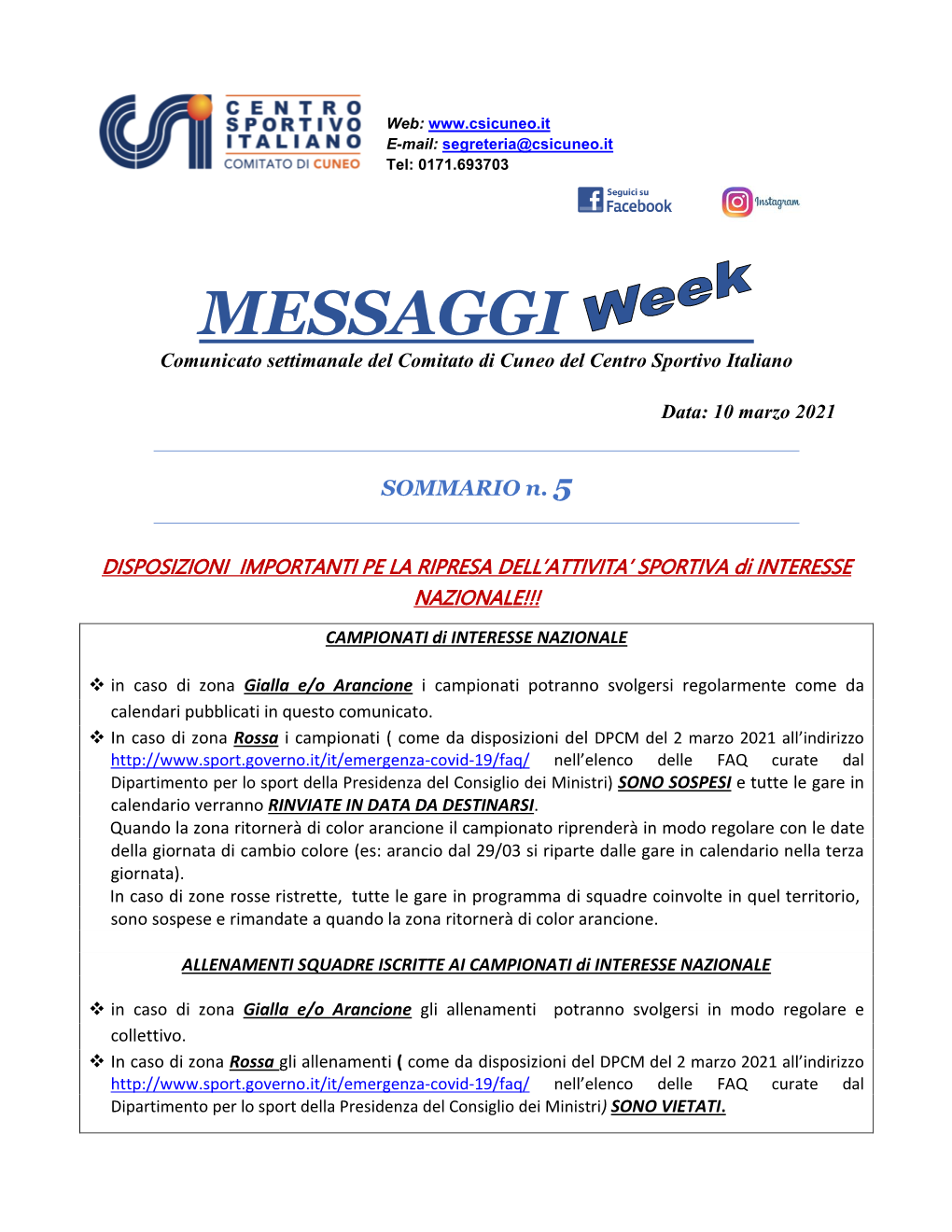 MESSAGGI Comunicato Settimanale Del Comitato Di Cuneo Del Centro Sportivo Italiano Data: 10 Marzo 2021