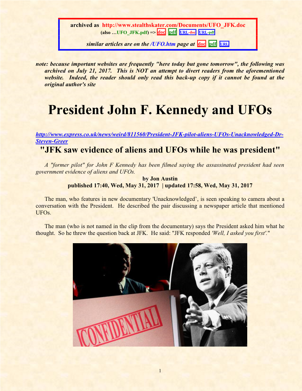 President John F. Kennedy and Ufos