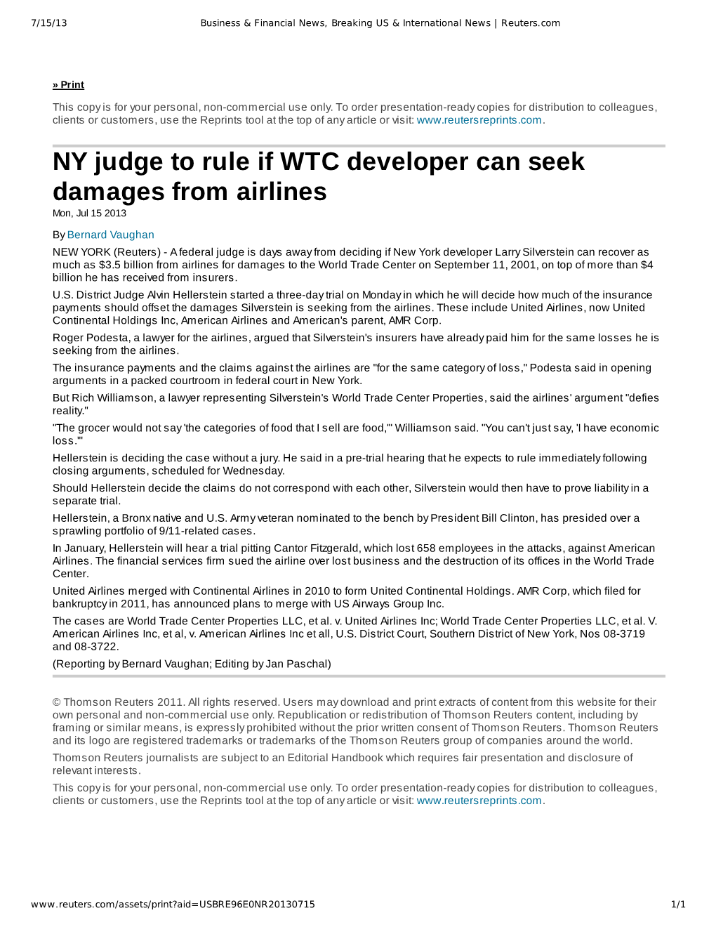 NY Judge to Rule If WTC Developer Can Seek Damages from Airlines Mon, Jul 15 2013