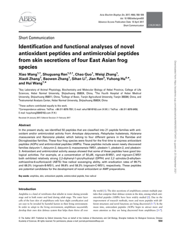 Identification and Functional Analyses of Novel Antioxidant Peptides and Antimicrobial Peptides from Skin Secretions of Four East Asian Frog Species