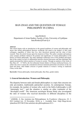 Ban Zhao and the Question of Female Philosophy in China