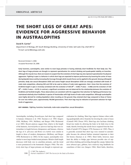 The Short Legs of Great Apes: Evidence for Aggressive Behavior in Australopiths