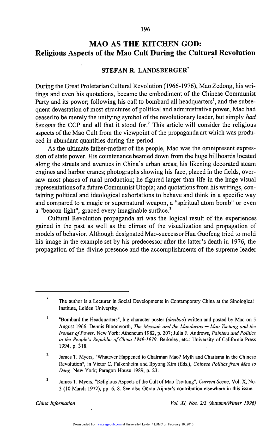 MAO AS the KITCHEN GOD: Religious Aspects of the Mao Cult During the Cultural Revolution