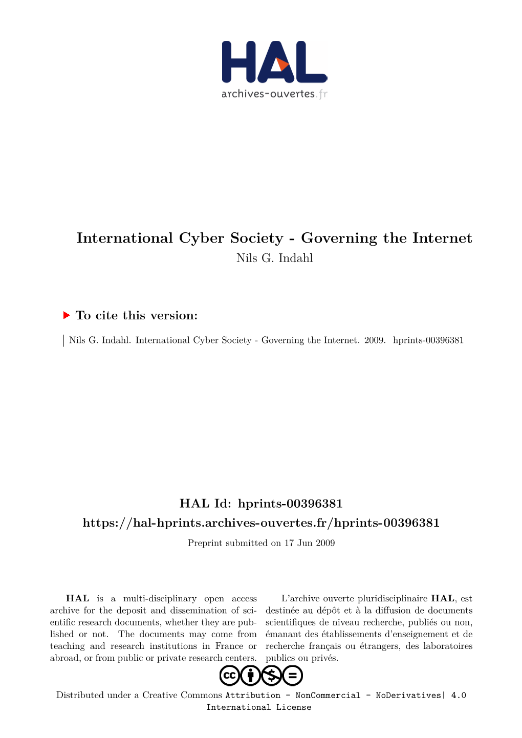 International Cyber Society - Governing the Internet Nils G