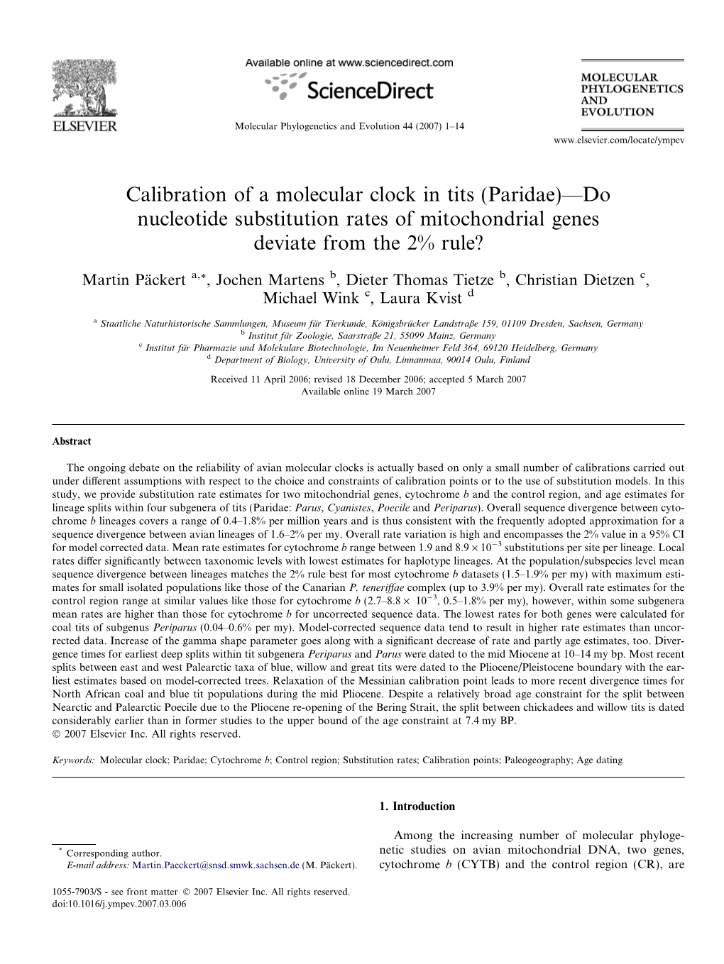 Calibration of a Molecular Clock in Tits (Paridae)—Do Nucleotide Substitution Rates of Mitochondrial Genes Deviate from the 2% Rule?
