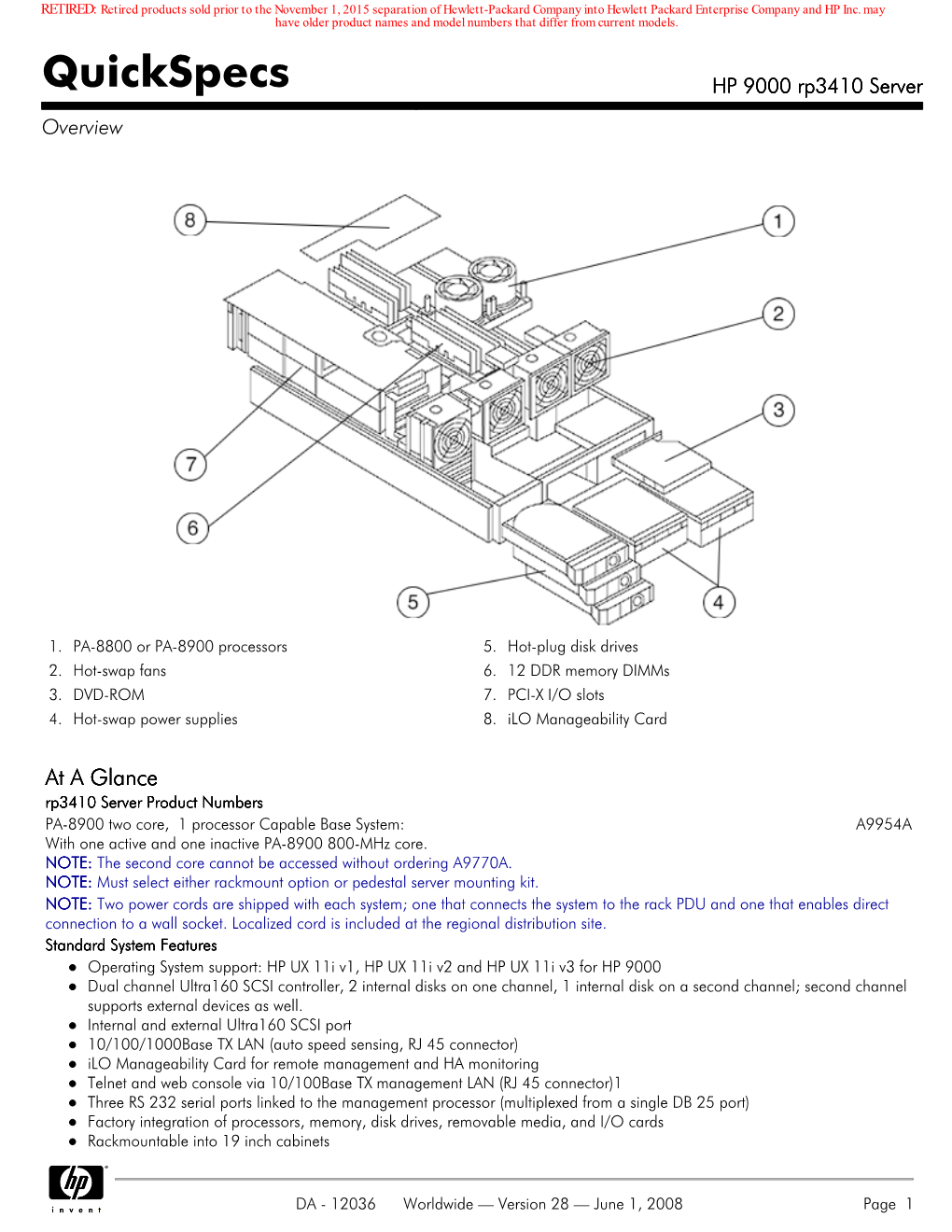 Quickspecs HP 9000 Rp3410 Server Overview