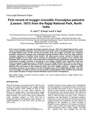 First Record of Mugger Crocodile Crocodylus Palustris (Lesson, 1831) from the Rajaji National Park, North India