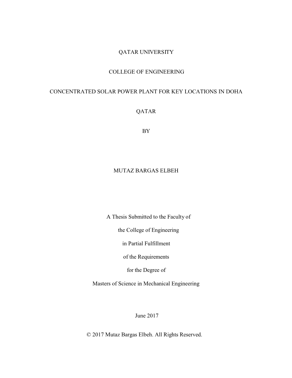 Qatar University College of Engineering Concentrated Solar Power Plant for Key Locations in Doha Qatar by Mutaz Bargas Elbeh A