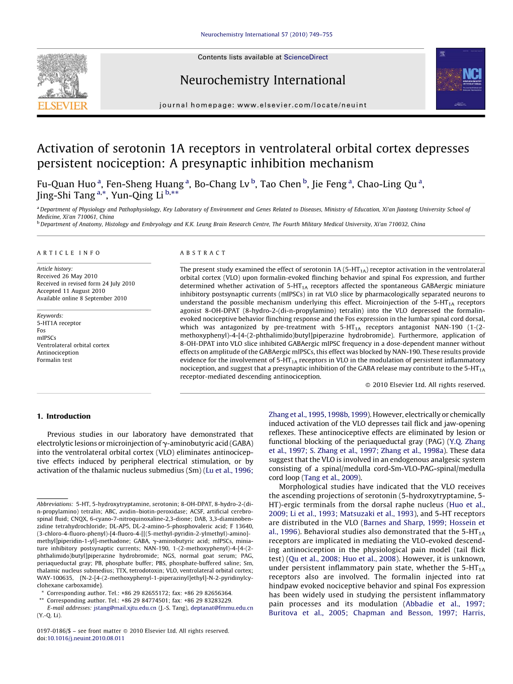 Activation of Serotonin 1A Receptors in Ventrolateral Orbital Cortex Depresses Persistent Nociception: a Presynaptic Inhibition Mechanism