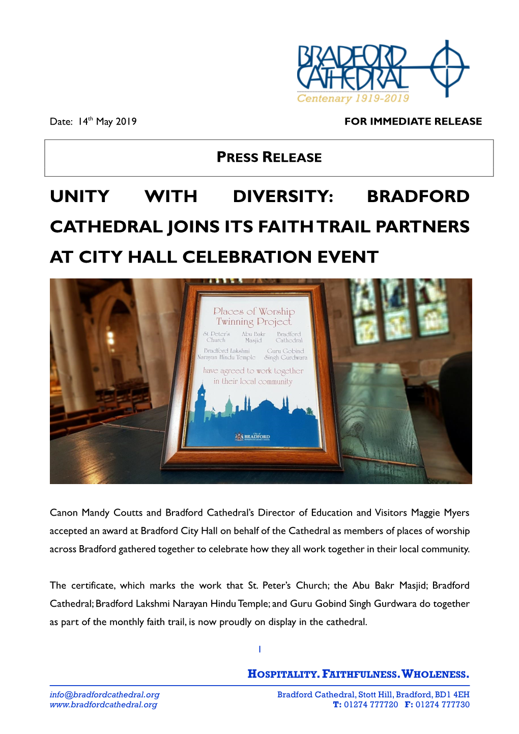 Unity with Diversity: Bradford Cathedral Joins Its Faith Trail Partners at City Hall Celebration Event