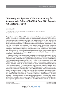“Harmony and Symmetry”. European Society for Astronomy in Culture (SEAC) 26, Graz 27Th August– 1St September 2018