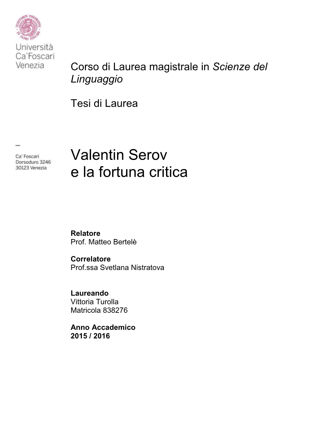 Valentin Serov E La Fortuna Critica