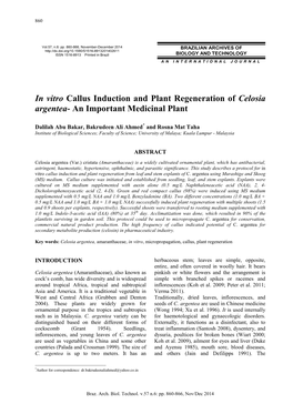 In Vitro Callus Induction and Plant Regeneration of Celosia Argentea - an Important Medicinal Plant
