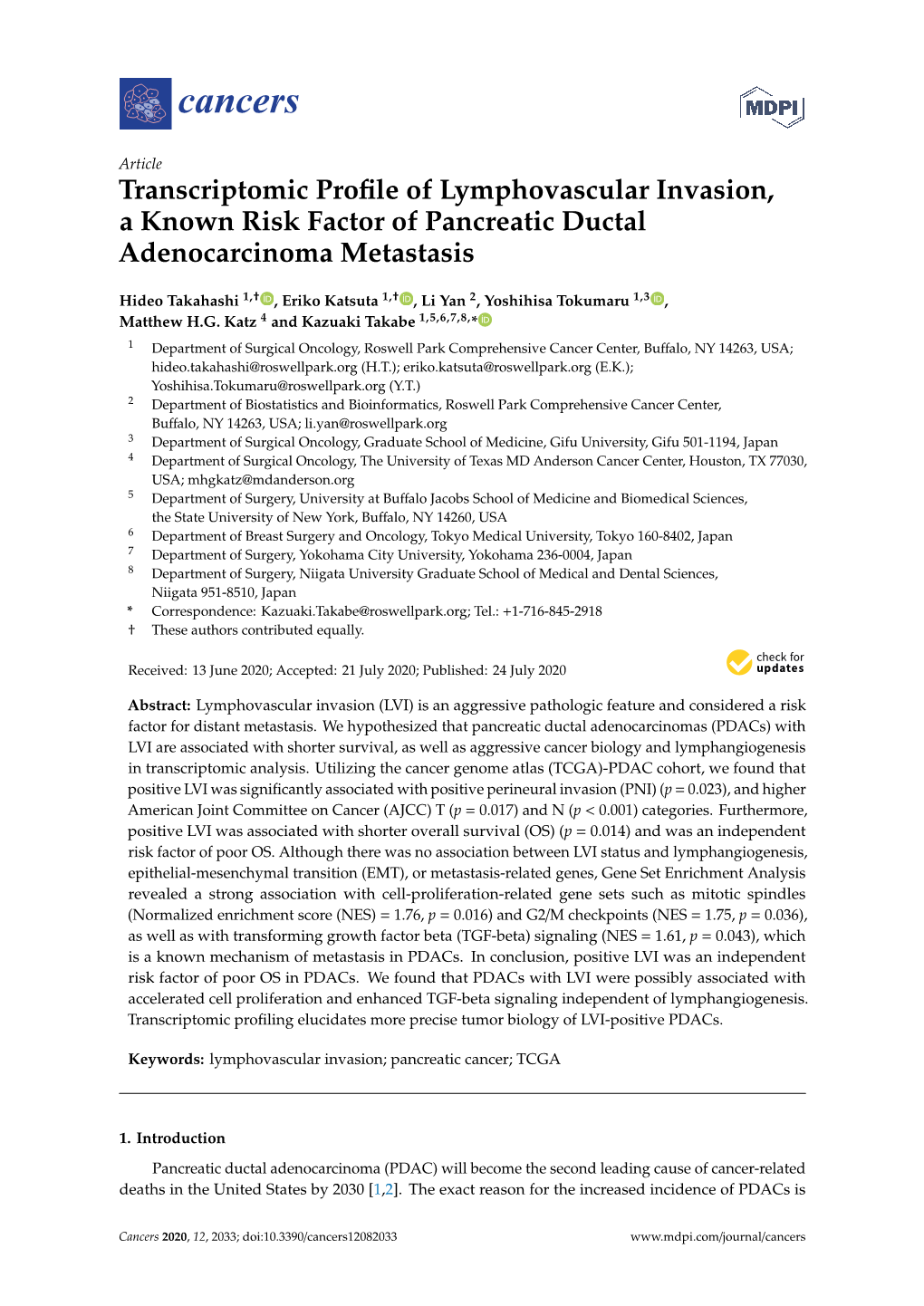 Transcriptomic Profile of Lymphovascular Invasion, a Known Risk Factor of Pancreatic Ductal Adenocarcinoma Metastasis