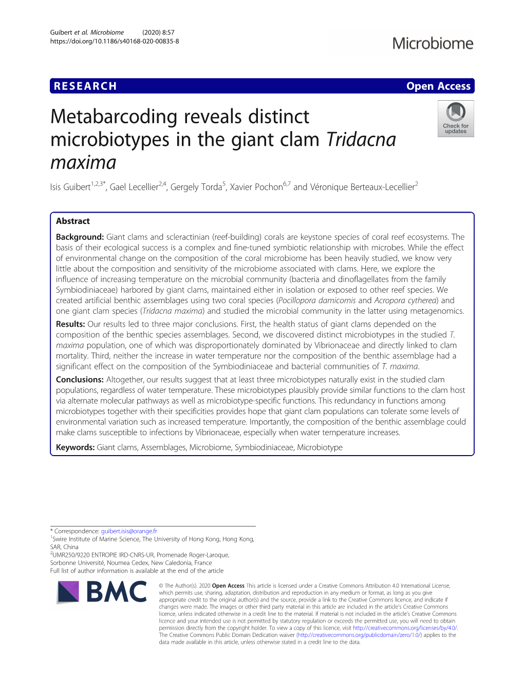 Metabarcoding Reveals Distinct Microbiotypes in the Giant Clam Tridacna Maxima