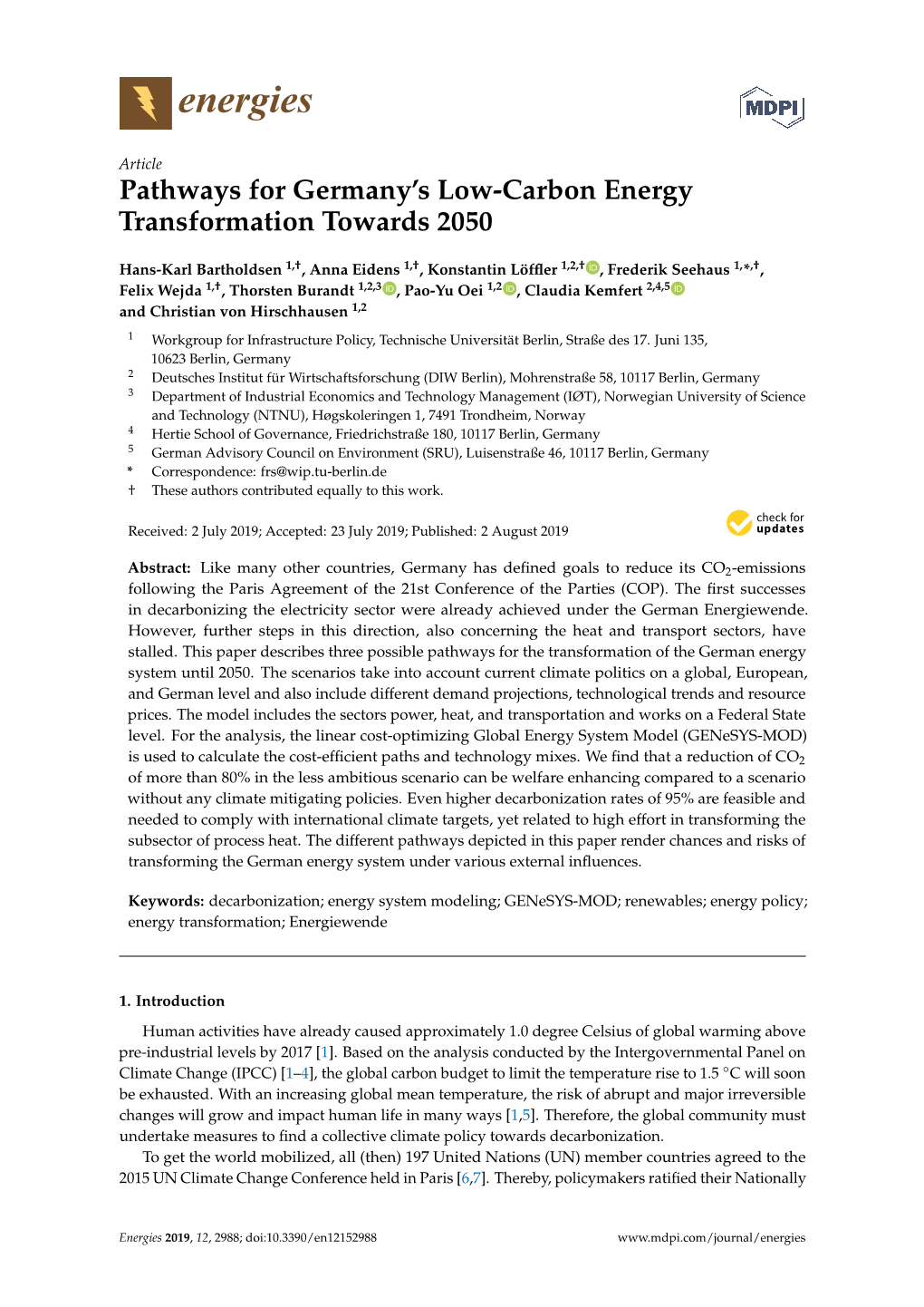 Pathways for Germany's Low-Carbon Energy Transformation Towards 2050