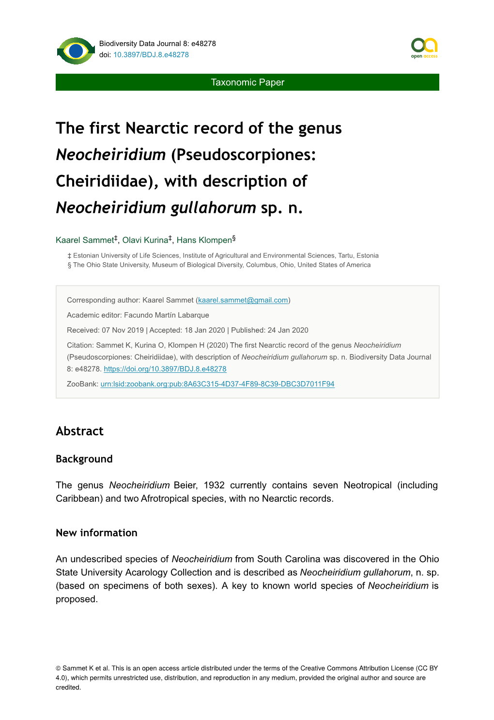 Pseudoscorpiones: Cheiridiidae), with Description of Neocheiridium Gullahorum Sp