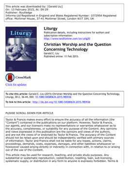 Christian Worship and the Question Concerning Technology Gerald C