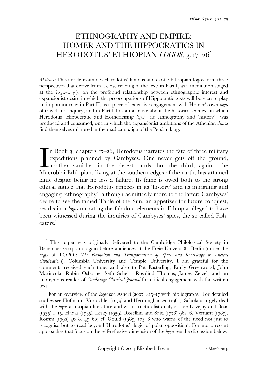 Homer and the Hippocratics in Herodotus' Ethiopian Logos