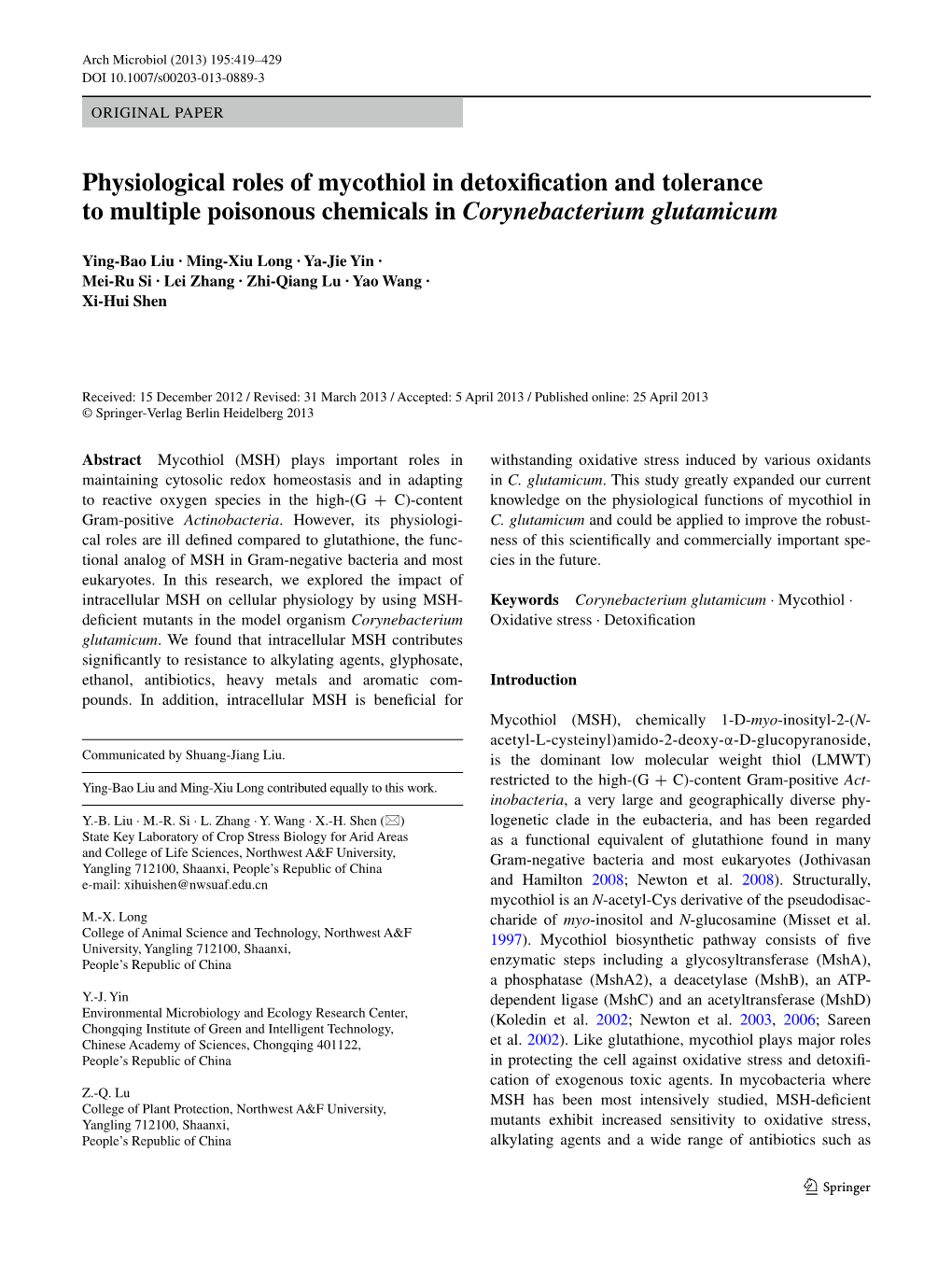 Physiological Roles of Mycothiol in Detoxification and Tolerance to Multiple Poisonous Chemicals in Corynebacterium Glutamicum