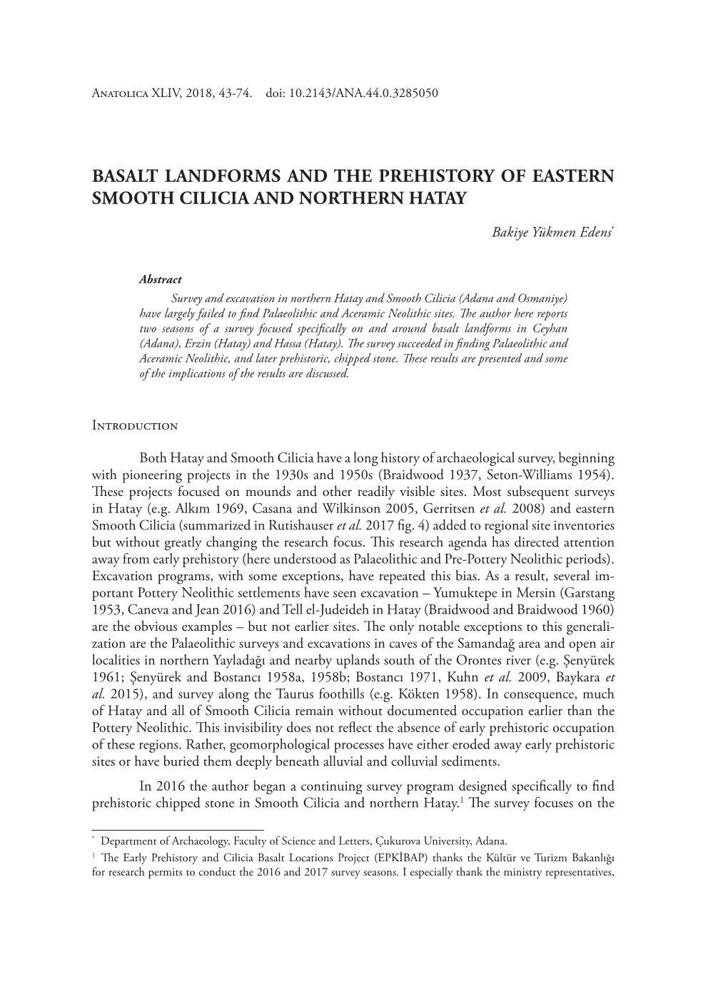 Basalt Landforms and the Prehistory of Eastern Smooth Cilicia and Northern Hatay