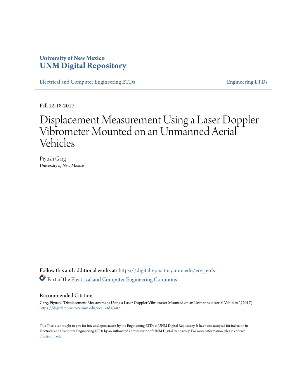 Displacement Measurement Using a Laser Doppler Vibrometer Mounted on an Unmanned Aerial Vehicles Piyush Garg University of New Mexico
