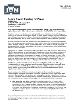 People Power: Fighting for Peace IWM London 23 March 2017 – 28 August 2017 Press View: 21 March 2017 #Fightingforpeace