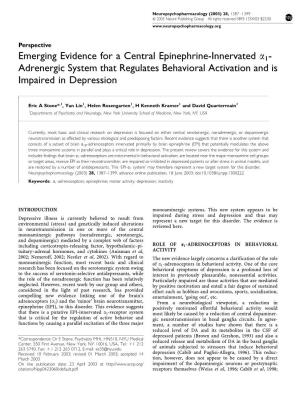 Emerging Evidence for a Central Epinephrine-Innervated A1- Adrenergic System That Regulates Behavioral Activation and Is Impaired in Depression