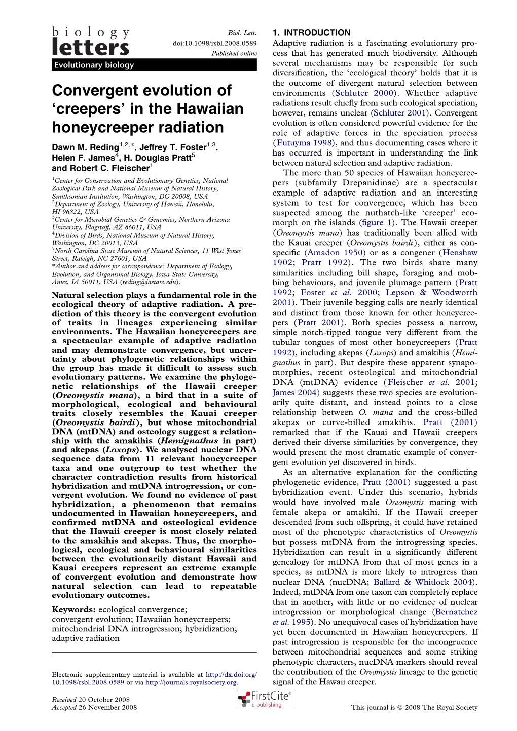 Convergent Evolution of 'Creepers' in the Hawaiian Honeycreeper Radiation