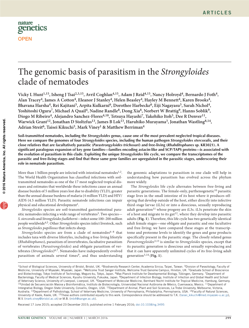 The Genomic Basis of Parasitism in the Strongyloides Clade of Nematodes