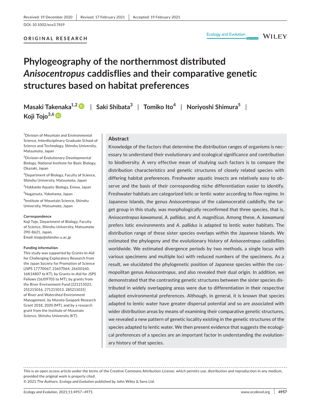 Phylogeography of the Northernmost Distributed Anisocentropus Caddisflies and Their Comparative Genetic Structures Based on Habitat Preferences