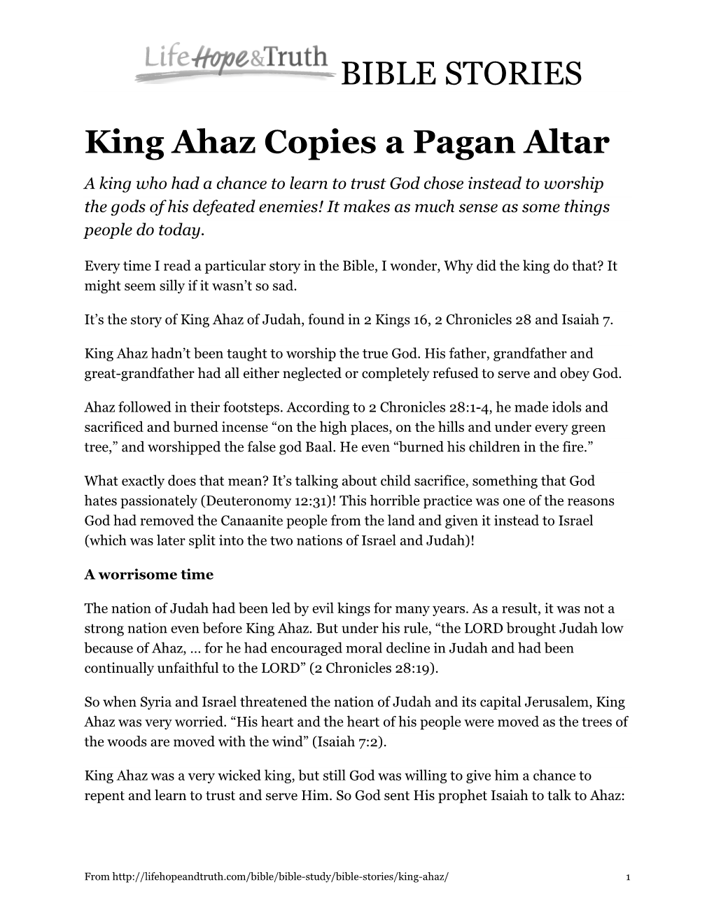 BIBLE STORIES King Ahaz Copies a Pagan Altar