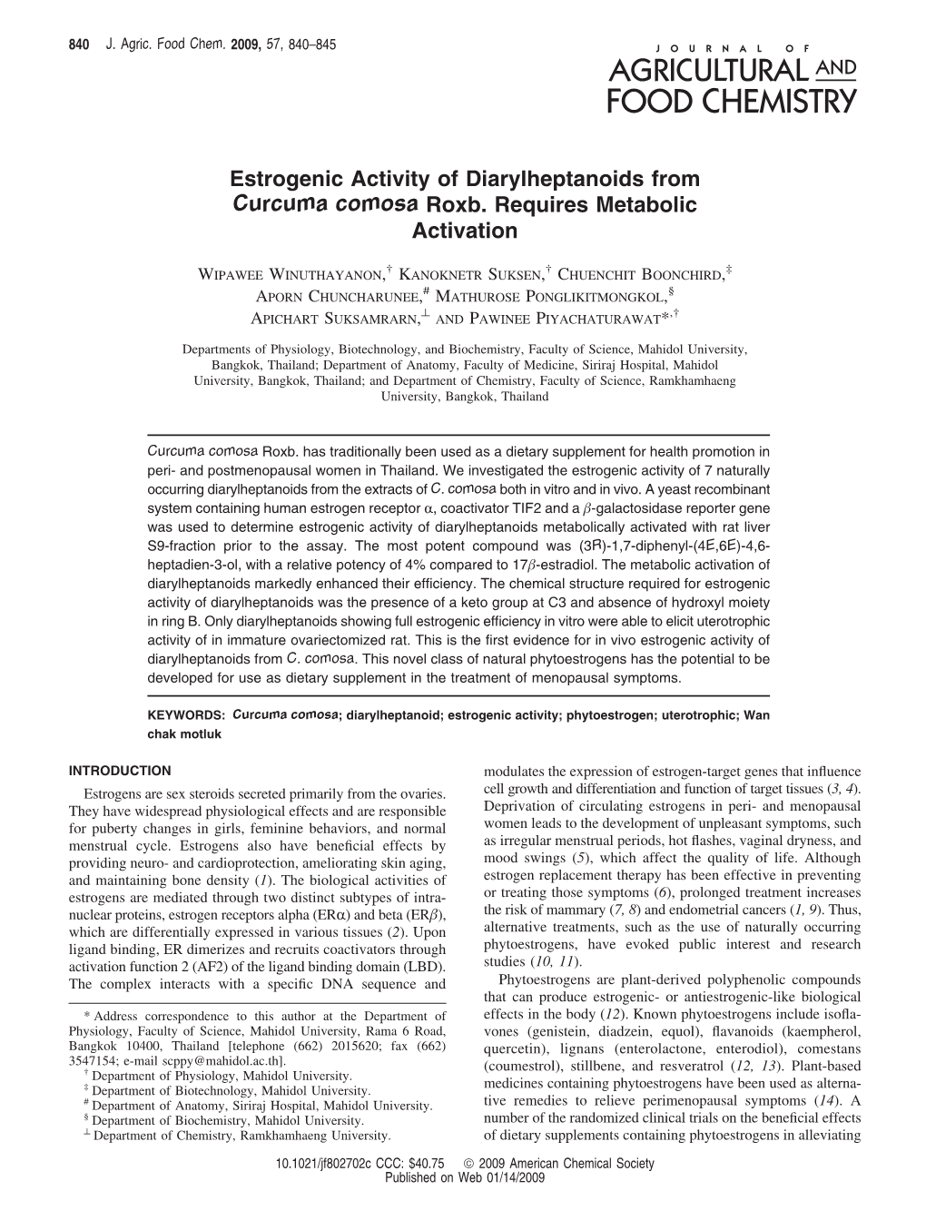 Estrogenic Activity of Diarylheptanoids from Curcuma Comosa Roxb. Requires Metabolic Activation