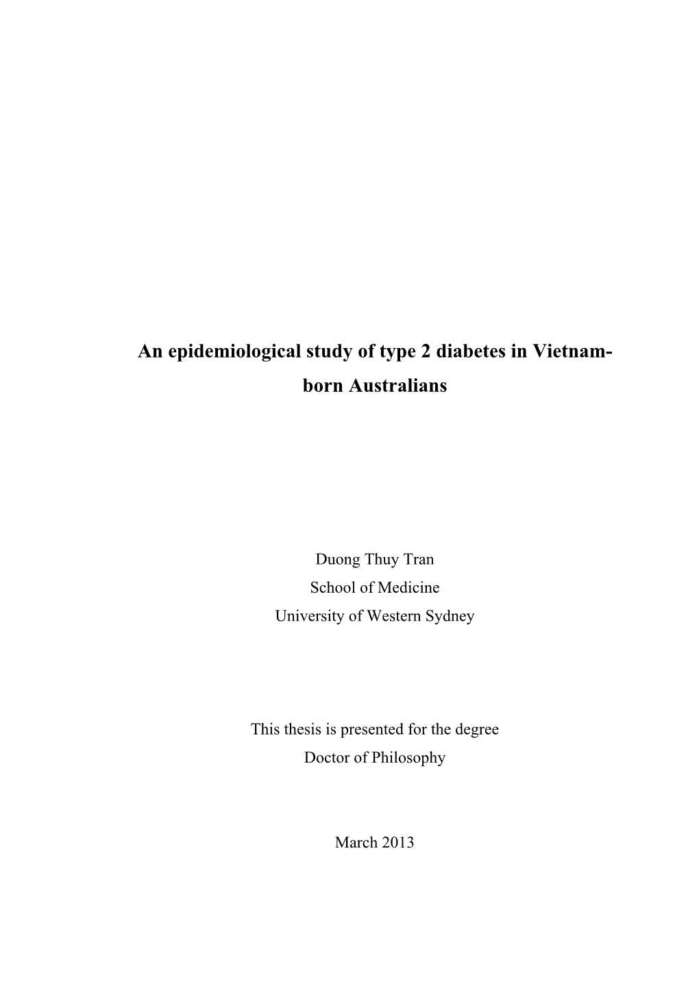 An Epidemiological Study of Type 2 Diabetes in Vietnam- Born Australians