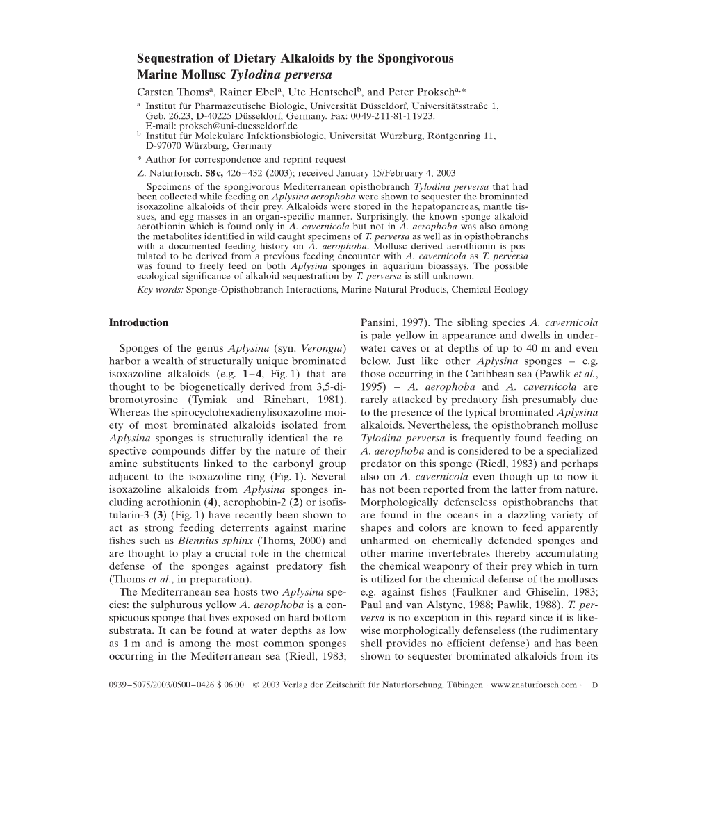 Sequestration of Dietary Alkaloids by the Spongivorous Marine Mollusc