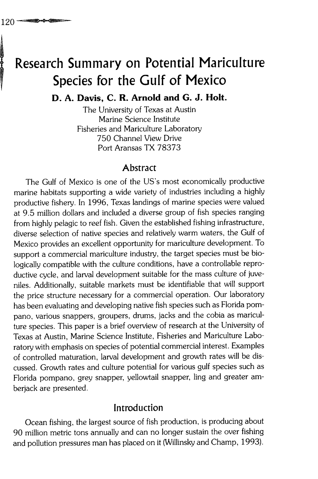 Research Summary on Potential Mariculture Species for the Gulf Of