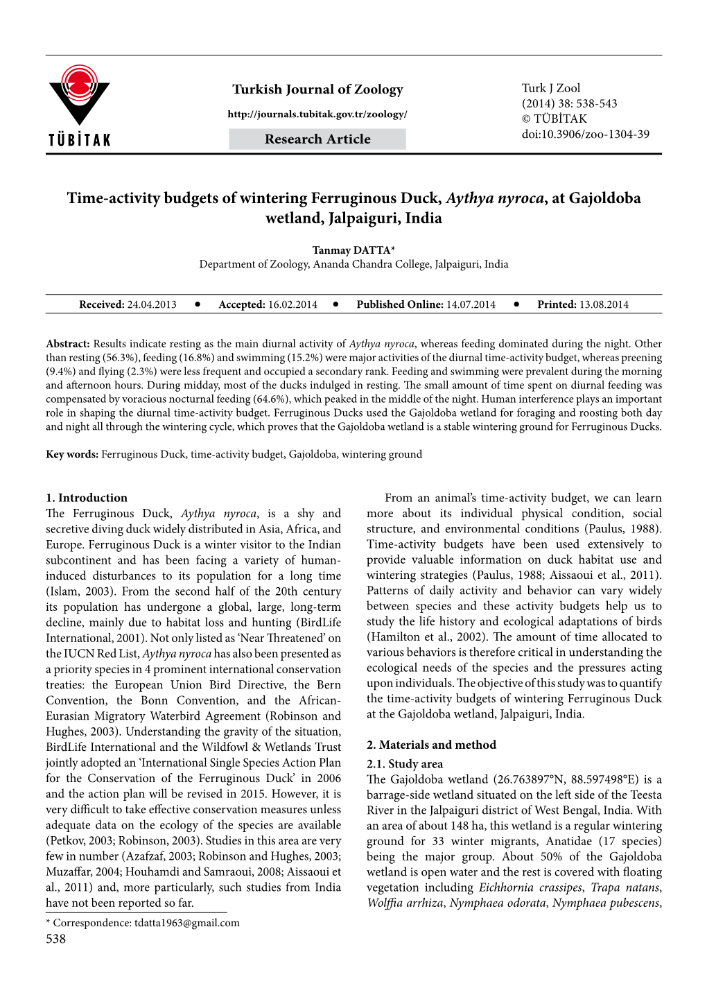 Time-Activity Budgets of Wintering Ferruginous Duck, Aythya Nyroca, at Gajoldoba Wetland, Jalpaiguri, India