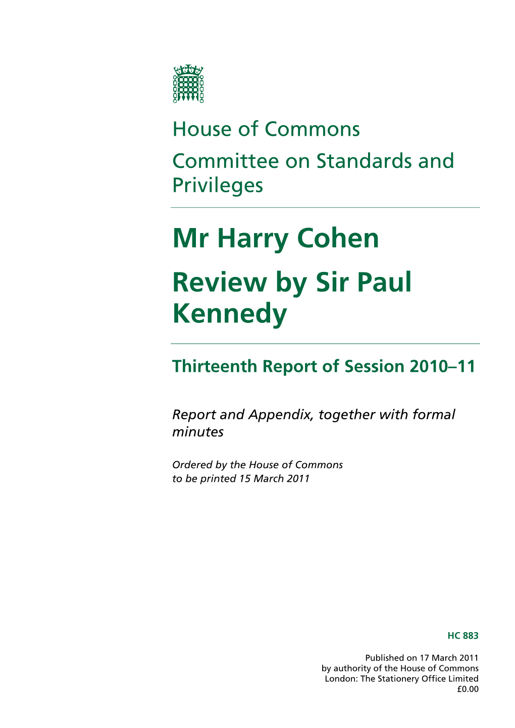 Mr Harry Cohen Review by Sir Paul Kennedy