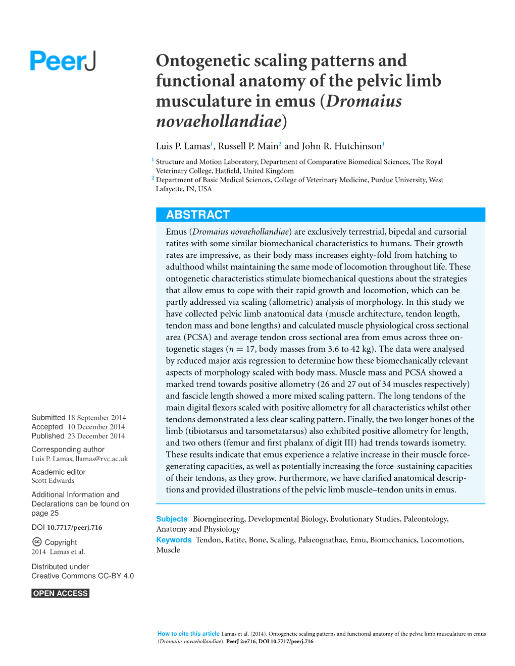 Ontogenetic Scaling Patterns and Functional Anatomy of the Pelvic Limb Musculature in Emus (Dromaius Novaehollandiae)