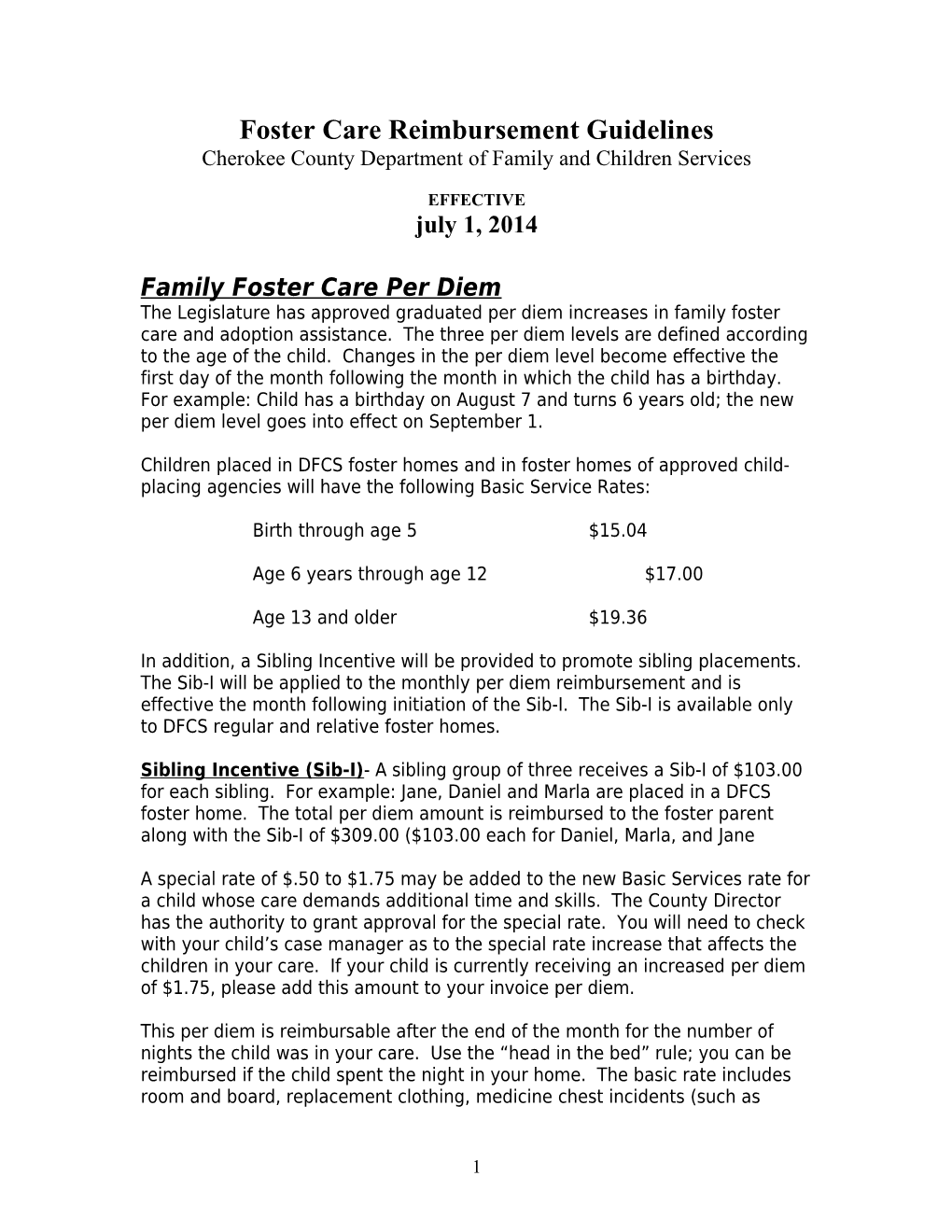 Foster Care Reimbursement Guidelines